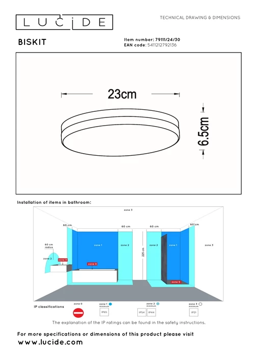 Lucide BISKIT - Plafonnière Badkamer - Ø 23 cm - LED - 1x12W 2700K - IP44 - Bewegingssensor - Zwart - technisch